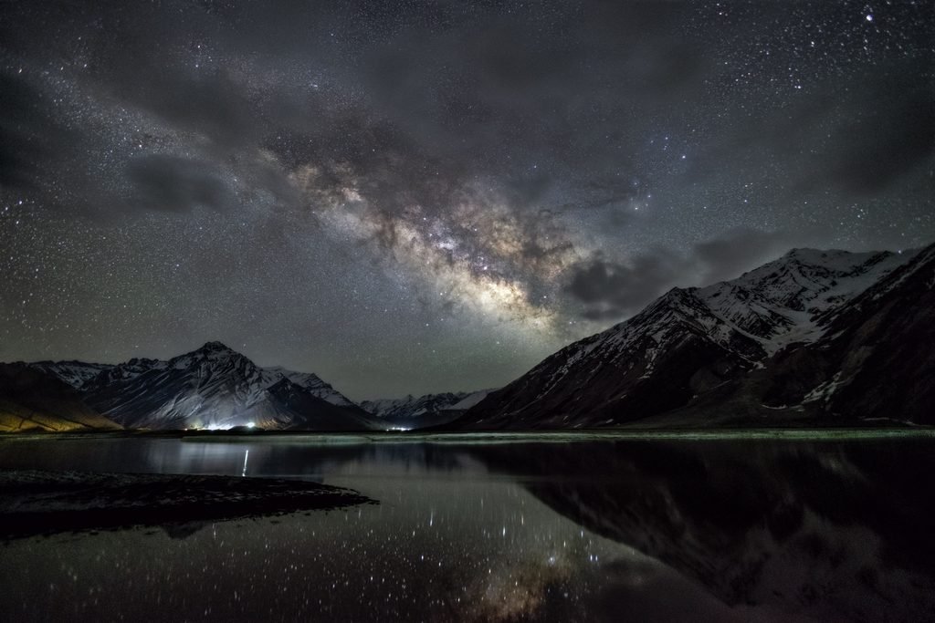 Milky way above snowy peaks of Zanskar in the Himalayas.